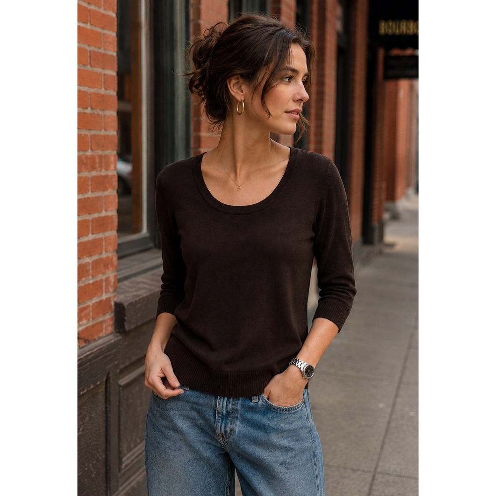 Chocolate Brown Ribbed Knit Sweater L Lightweight 3/4 Sleeve‎ Minimalist 90s Y2K